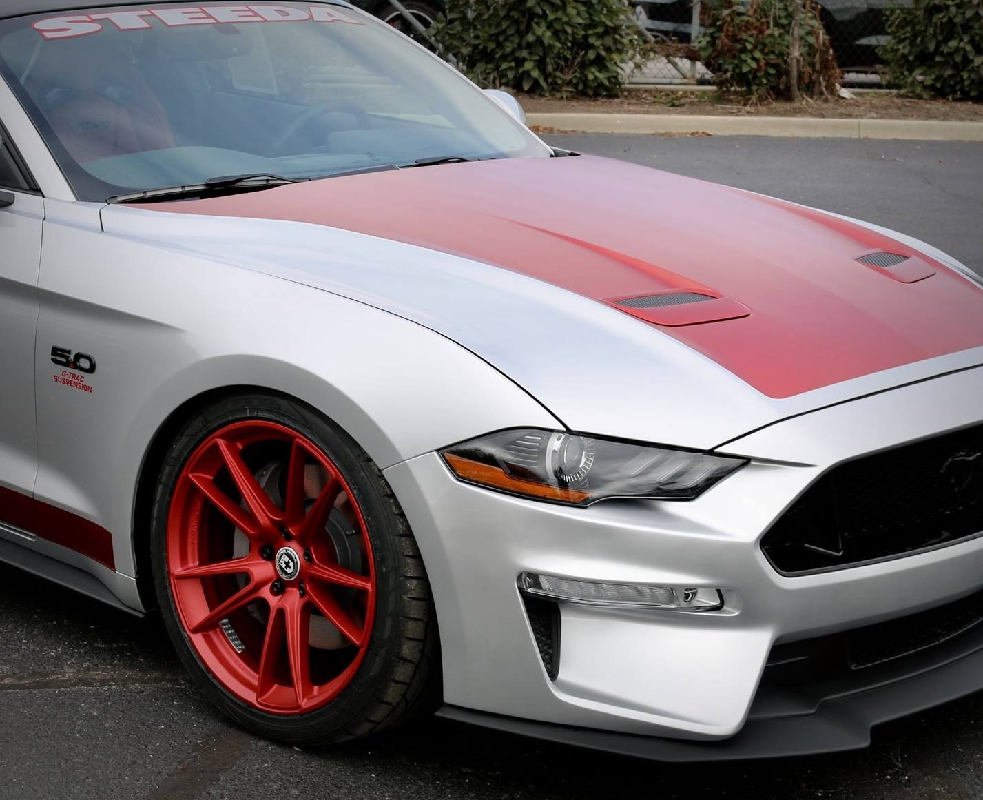 Matte Red HRE Wheels on White Ford Mustang - Photo by Steeda Performance