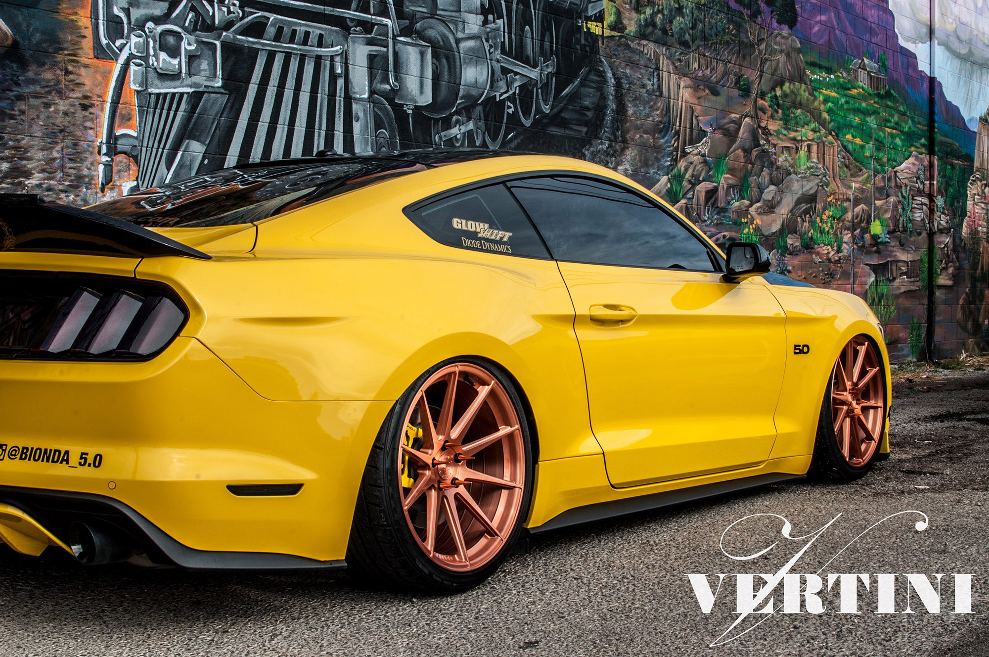 Carbon Fiber Rear Spoiler on Yellow Ford Mustang - Photo by Vertini Wheels