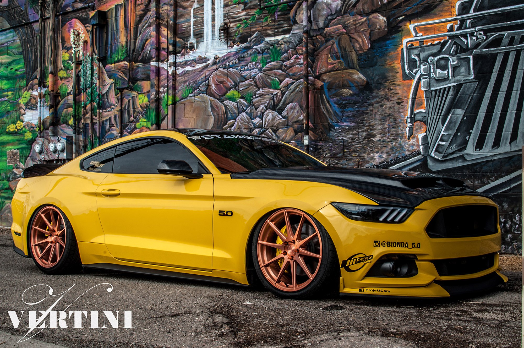 Yellow Ford Mustang with Carbon Fiber Vented Hood - Photo by Vertini Wheels