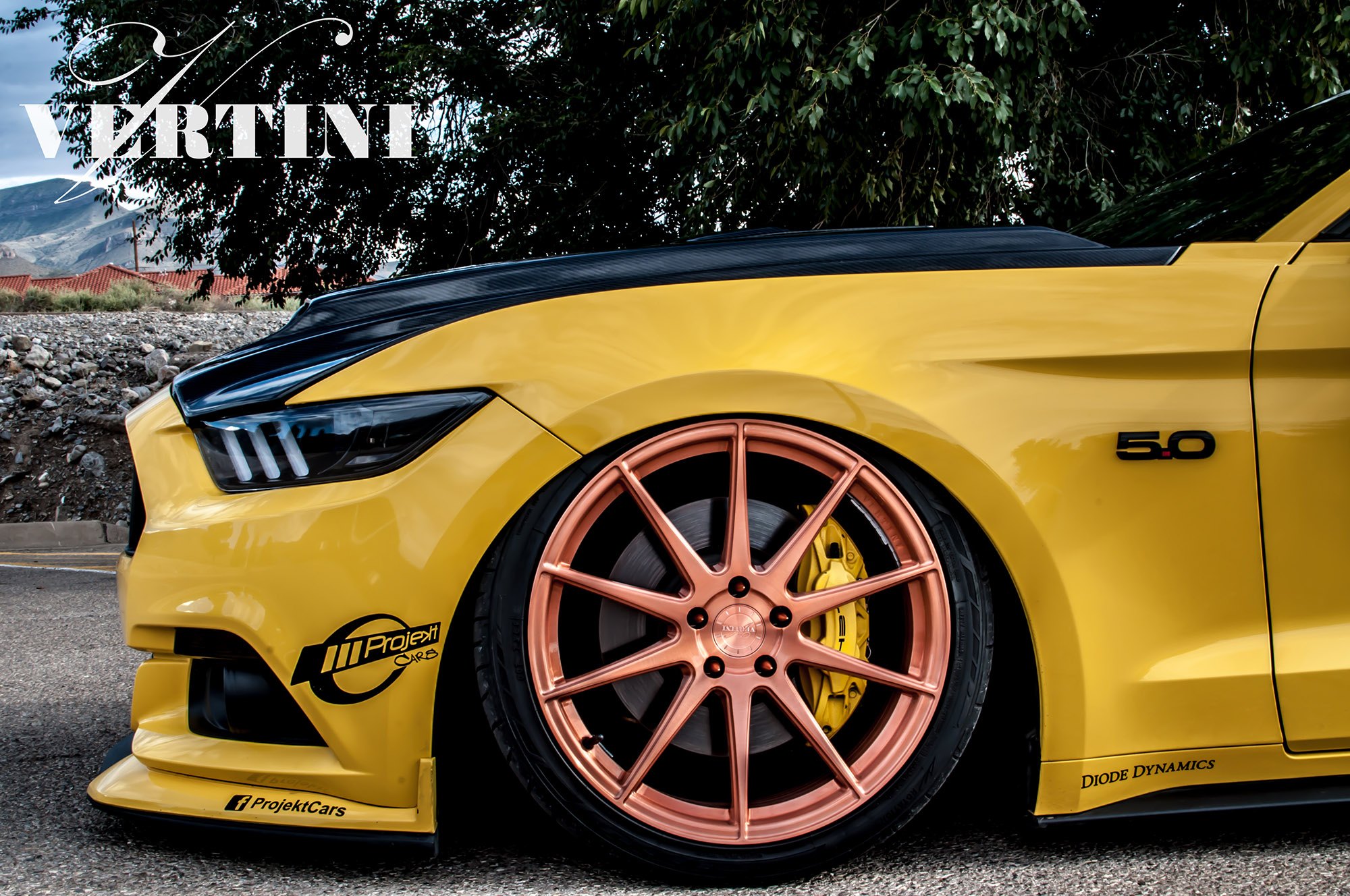 Rose Gold Vertini Wheels on Yellow Ford Mustang - Photo by Vertini Wheels