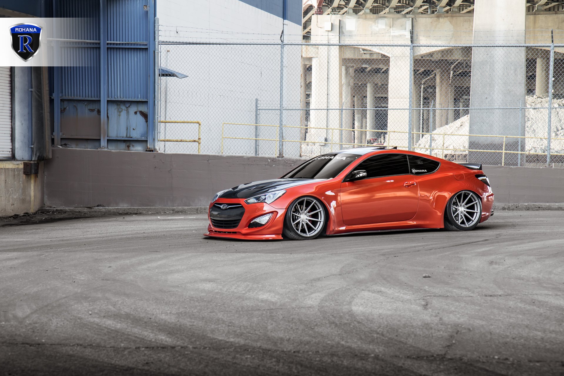 Red Hyundai Genesis Coupe with Aftermarket Halo Headlights - Photo by Rohana Wheels