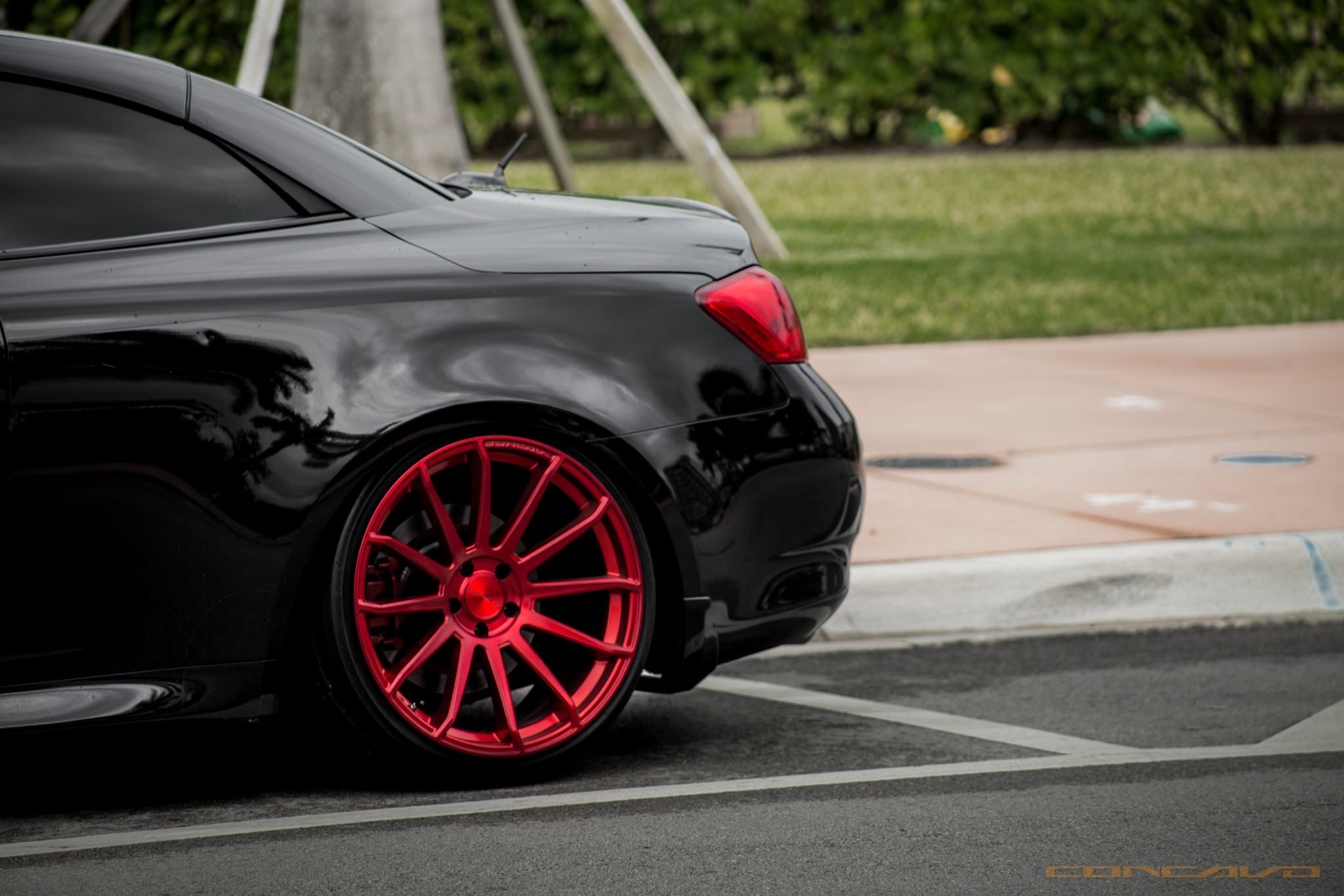 Black Infiniti G37 with Custom Red Concavo Wheels - Photo by Concavo Wheels