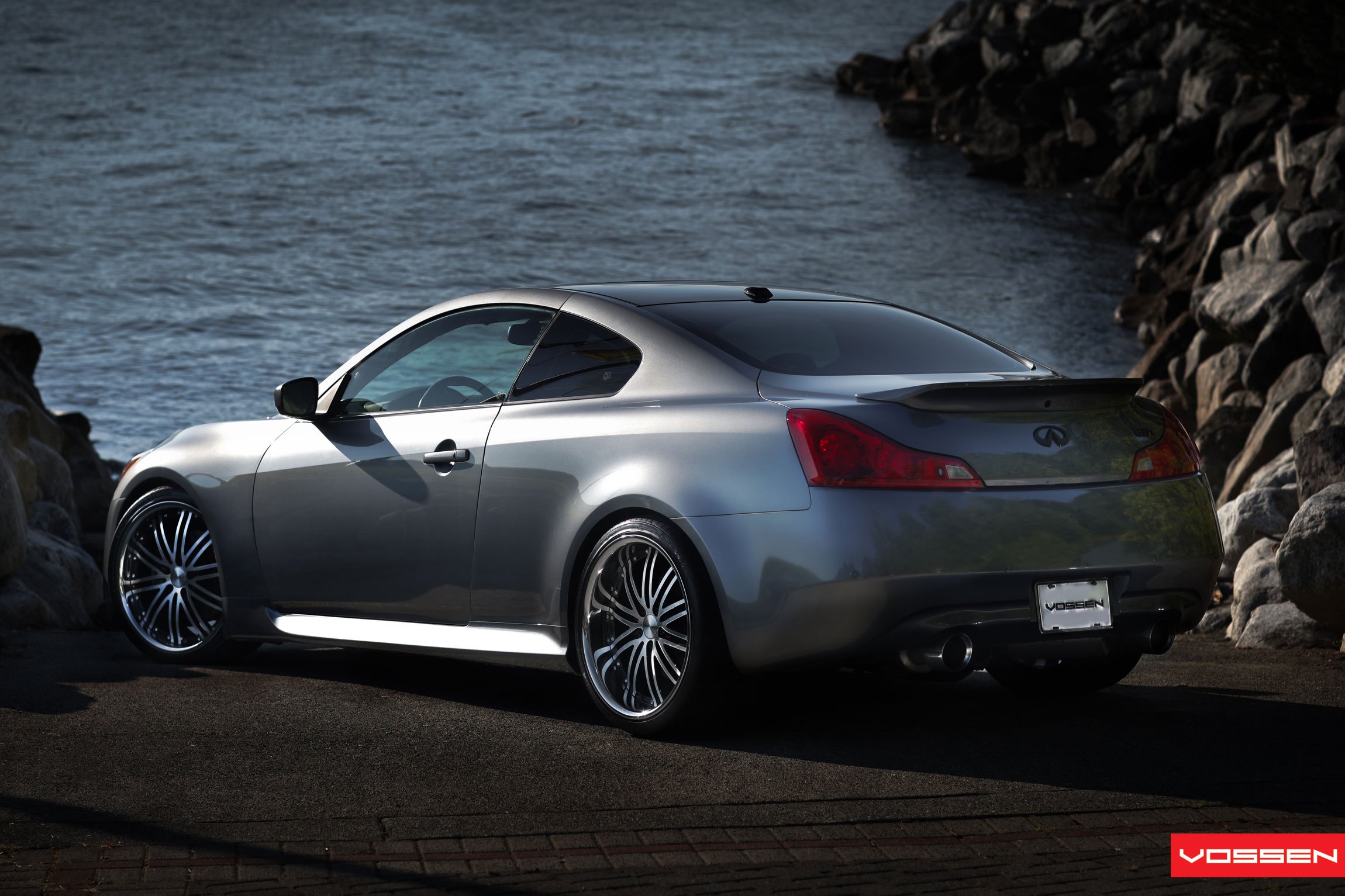 Aftermarket Rear Spoiler on Silver Stanced Infiniti G37 - Photo by Vossen