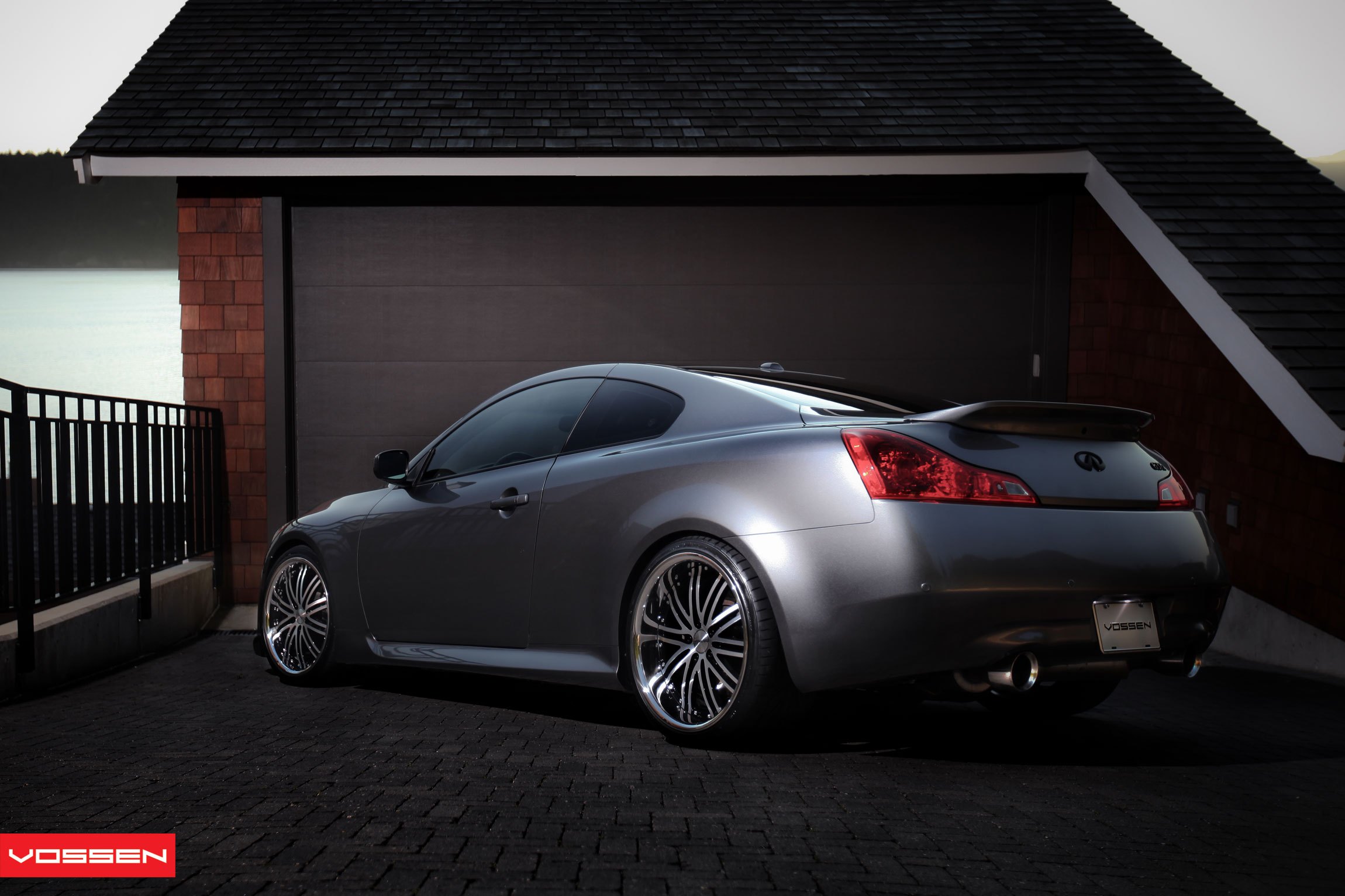 Silver Stanced Infiniti G37 with Custom Exhaust System - Photo by Vossen