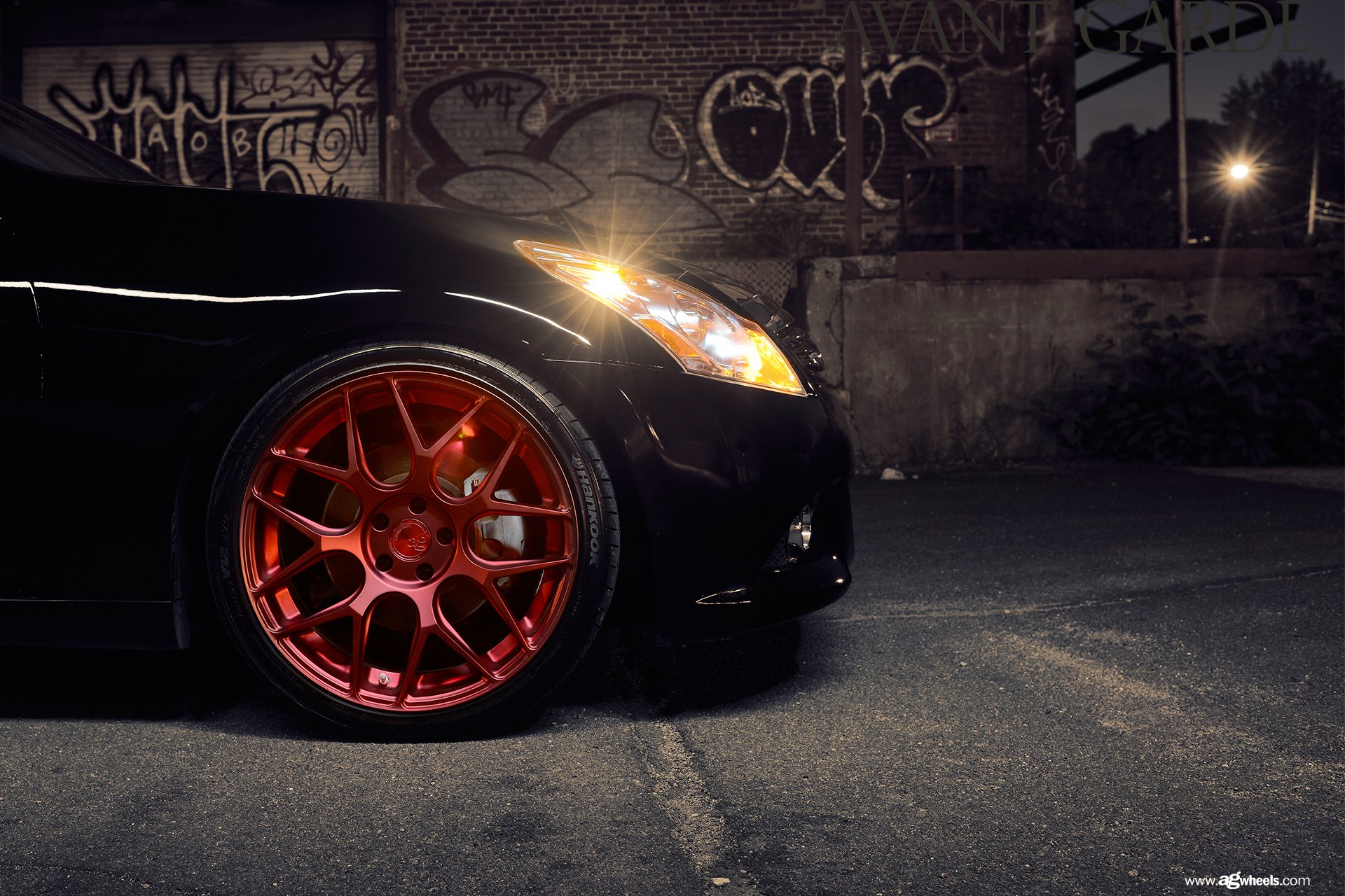 Red Avant Garde Wheels on Black Infiniti G37 - Photo by Avant Garde Wheels