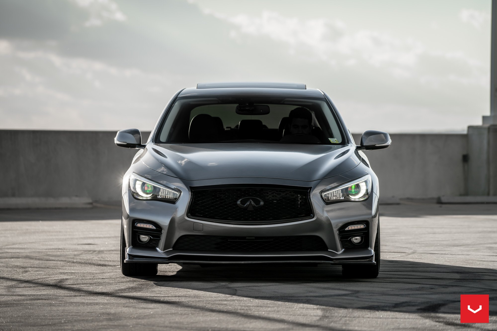 Gray Infiniti Q50 with Blacked Out Mesh Grille - Photo by Vossen