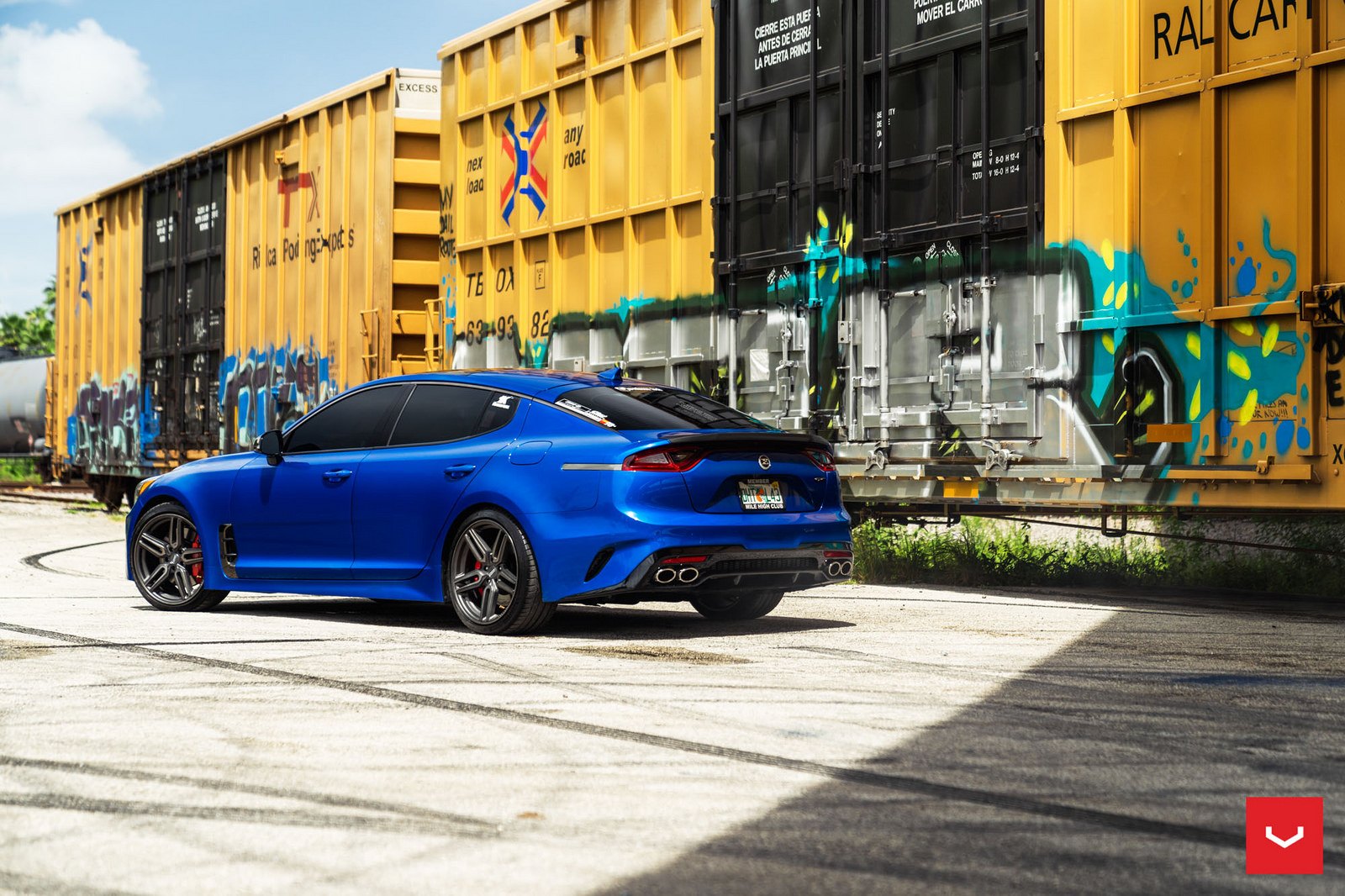 Red Clear LED Taillights on Blue Kia Stinger - Photo by Vossen