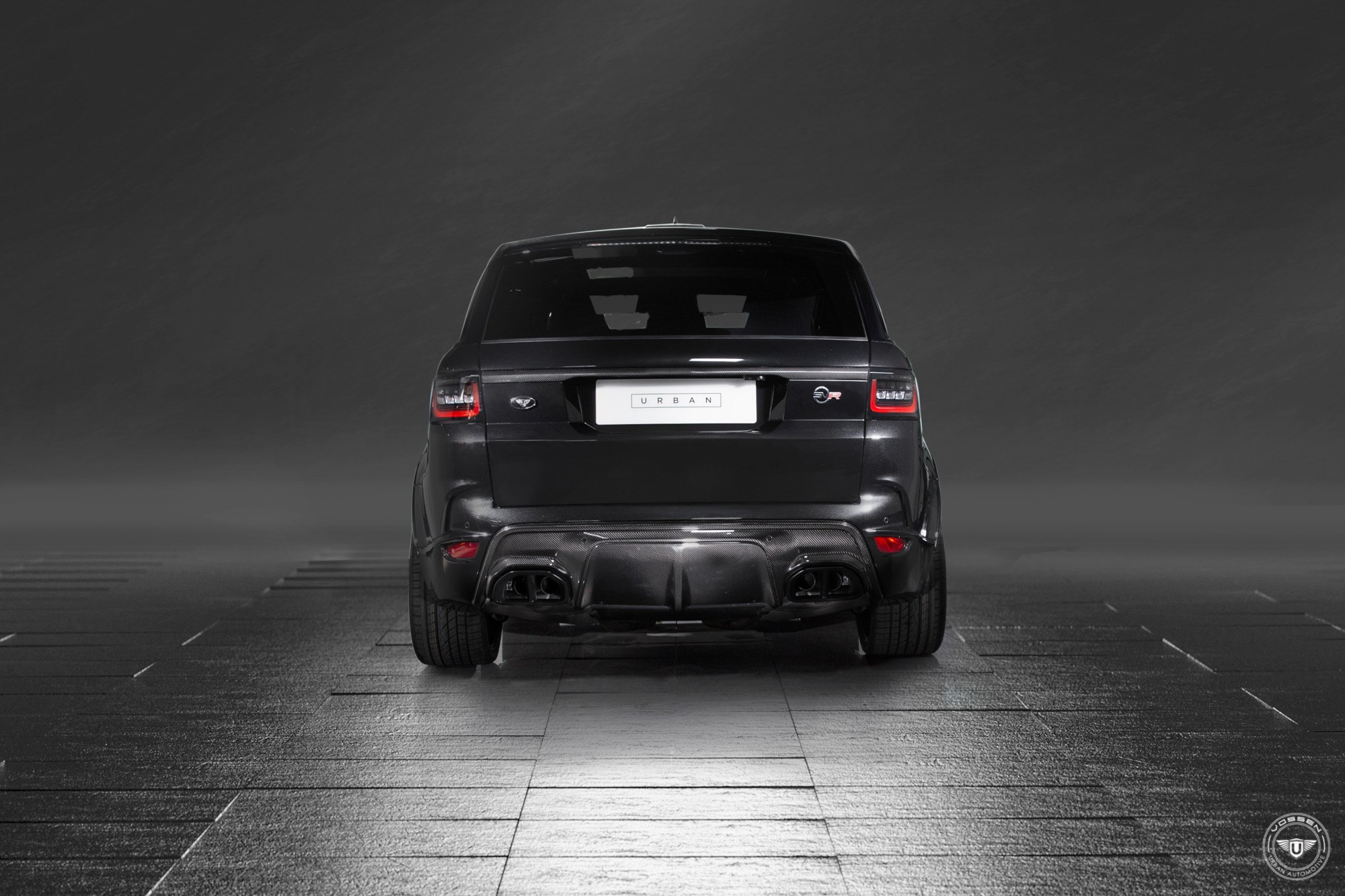 Carbon Fiber Rear Difuser on Black Range Rover Sport - Photo by Vossen
