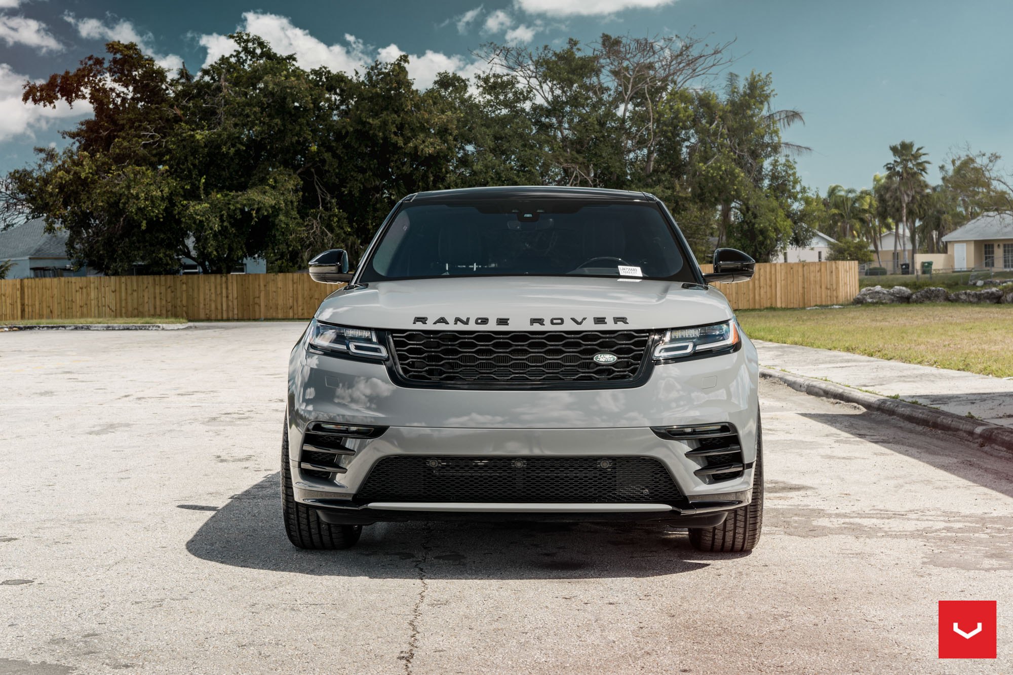 Blacked Out Mesh Grille on Gray Range Rover Velar - Photo by Vossen