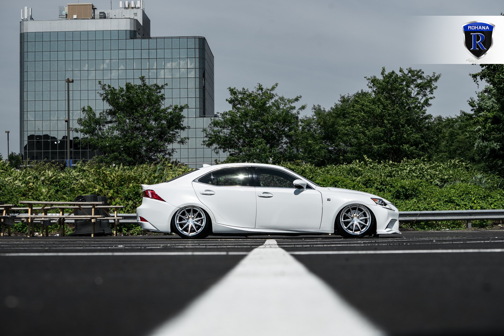 White Stanced Lexus IS with Aftermarket Side Skirts - Photo by Rohana Wheels