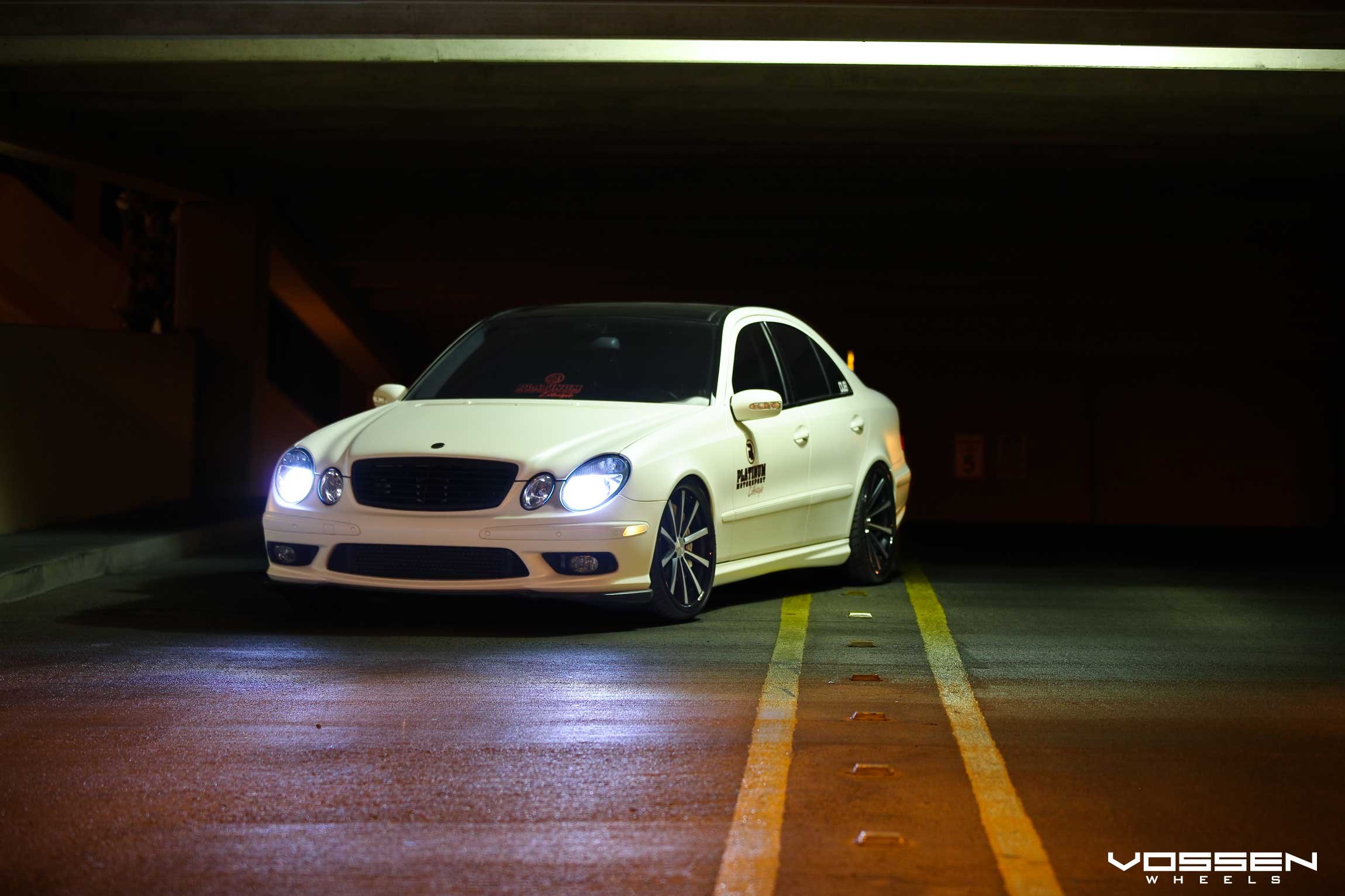 White Mercedes E Class with Aftermarket Front Bumper Lips - Photo by Vossen