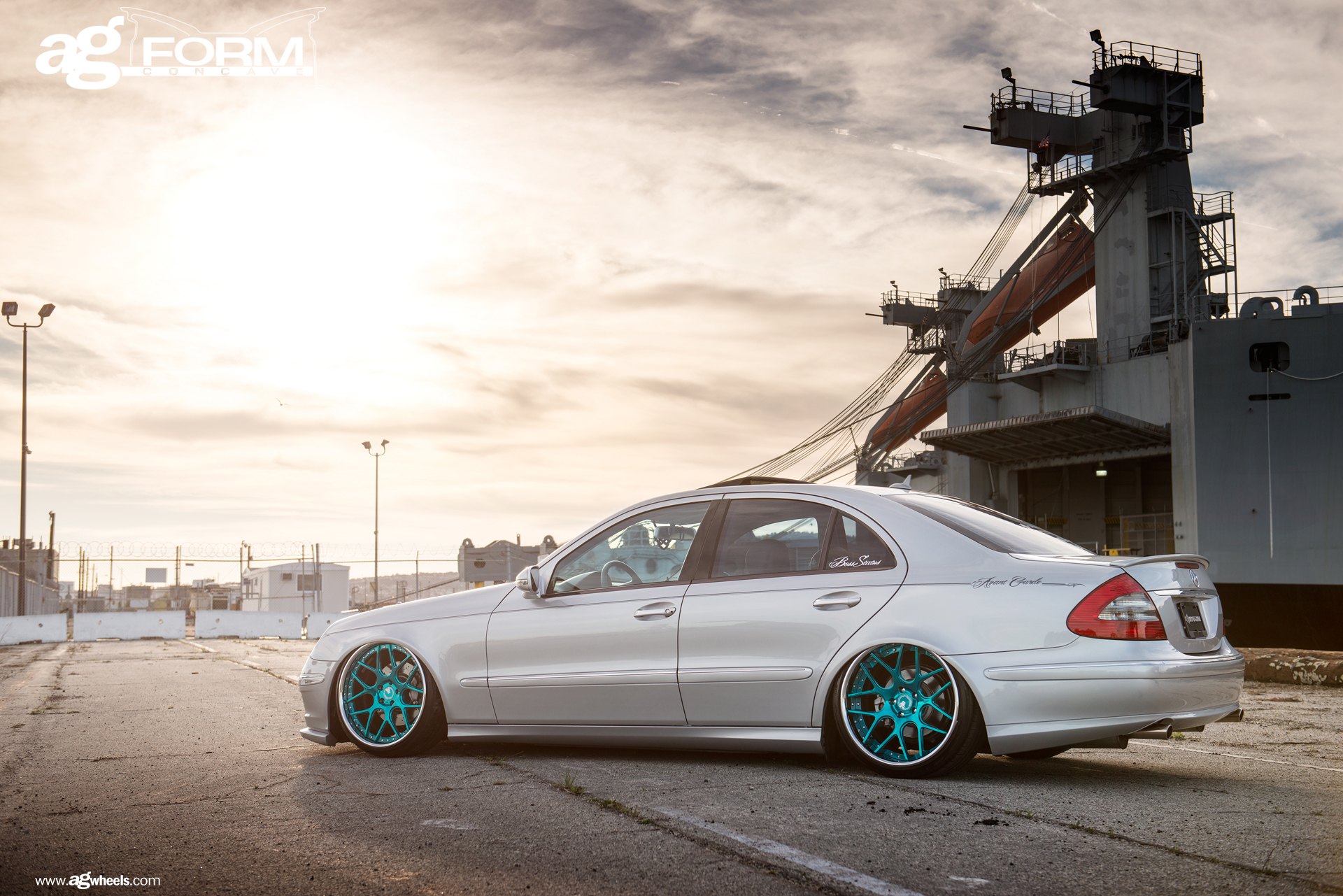 Aftermarket Side Skirts on Silver Lowered Mercedes E-Class - Photo by Avant Garde Wheels