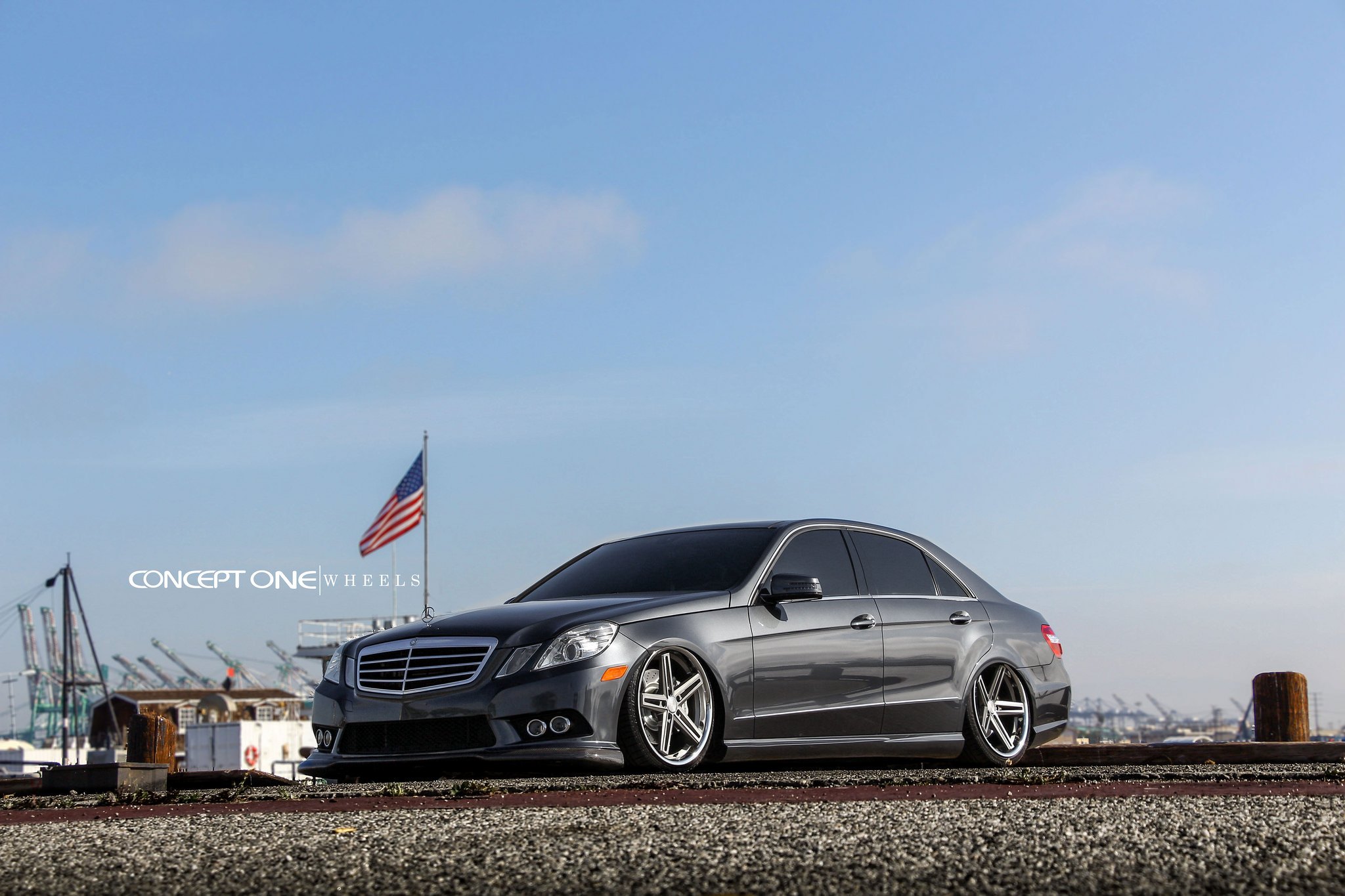 Gray Mercedes E-Class with Carbon Fiber Front Lip - Photo by Concept One