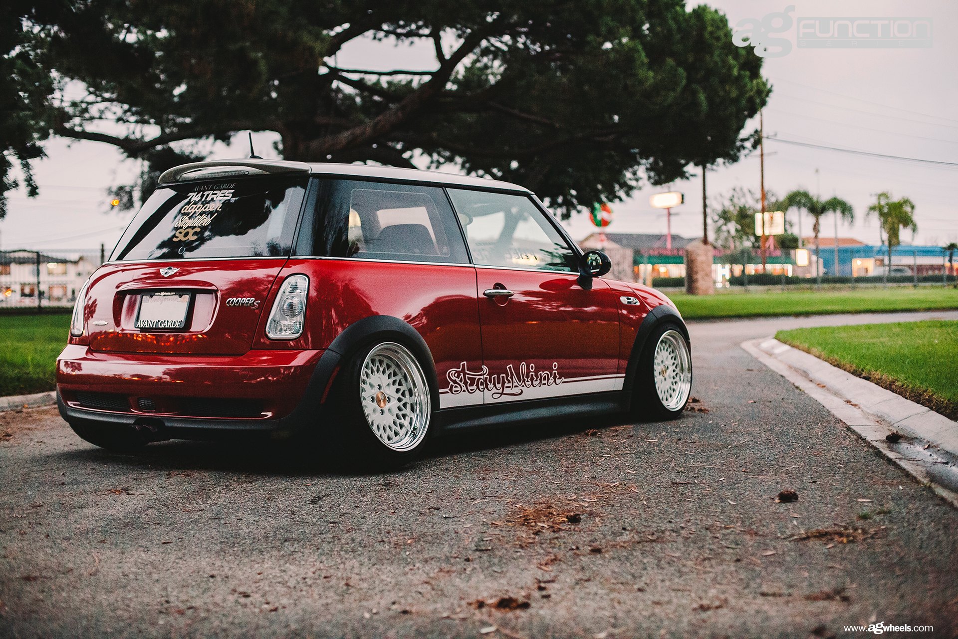 Roofline Spoiler on Custom Red Mini Cooper - Photo by Avant Garde Wheels