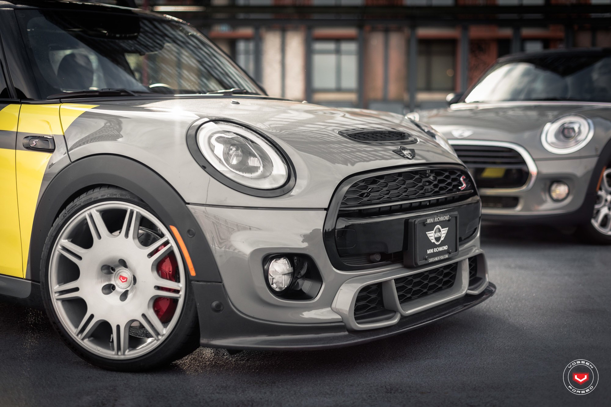 Gray Mini Cooper with Aftermarket Vented Hood  - Photo by Vossen