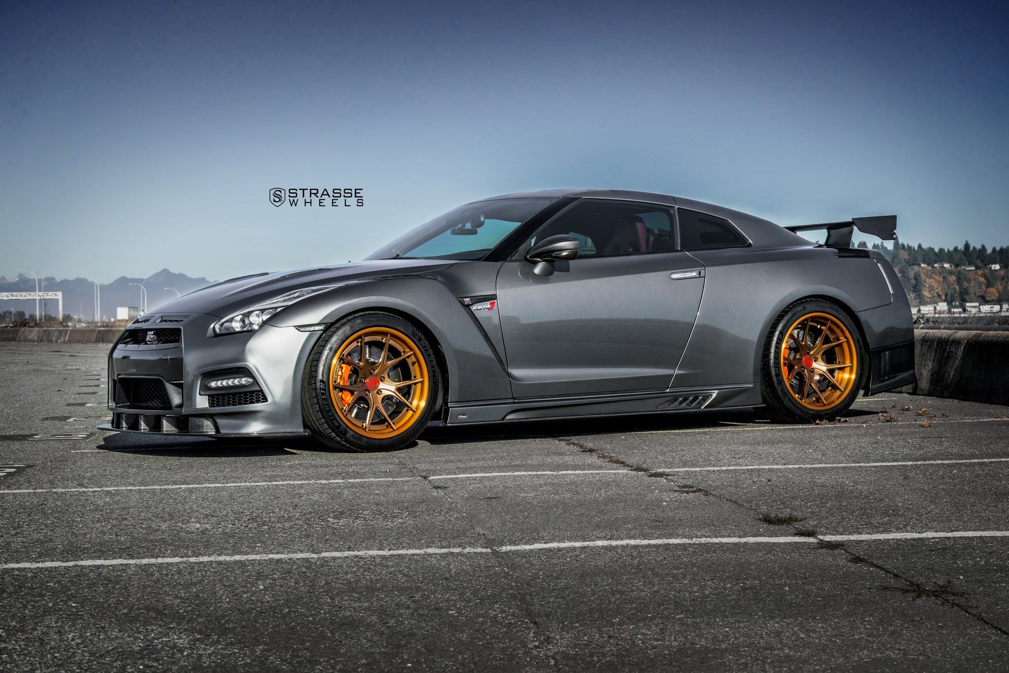 Carbon Fiber Front Lip on Gray Nissan GT-R - Photo by Strasse Wheels