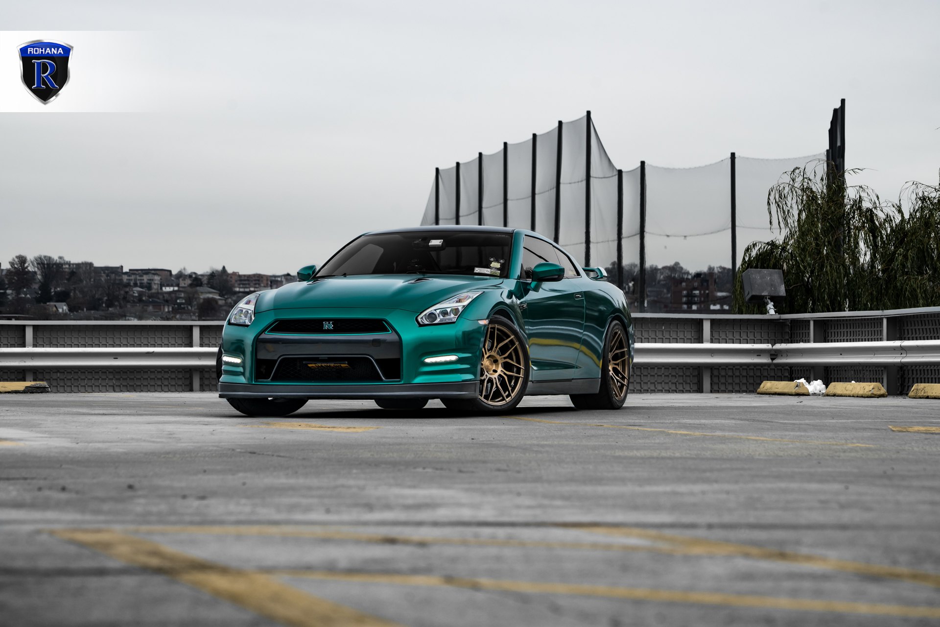 Green Nissan GT-R with Aftermarket Headlights - Photo by Rohana Wheels