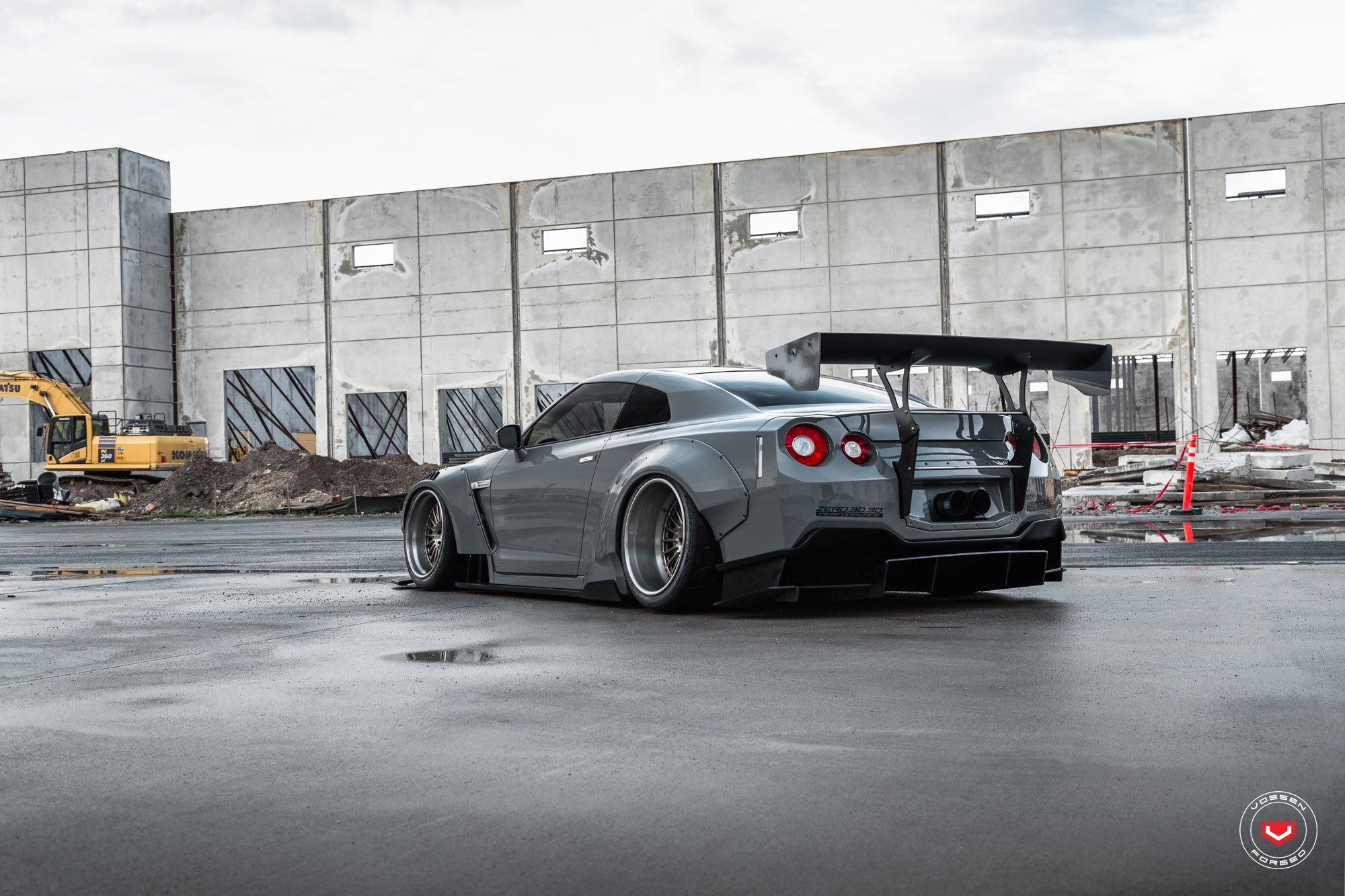 Gray Nissan GT-R with Large Wing Spoiler - Photo by Vossen Wheels