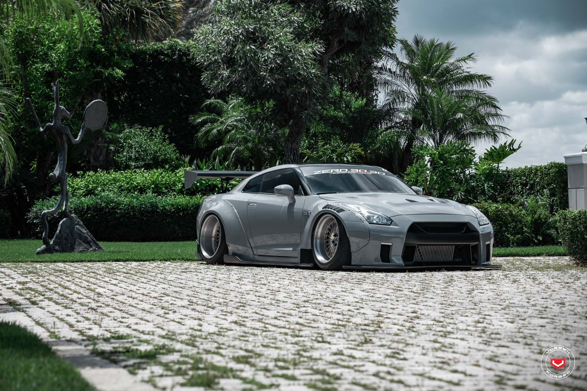 Aftermarket Vented Hood on Gray Nissan GT-R - Photo by Vossen Wheels