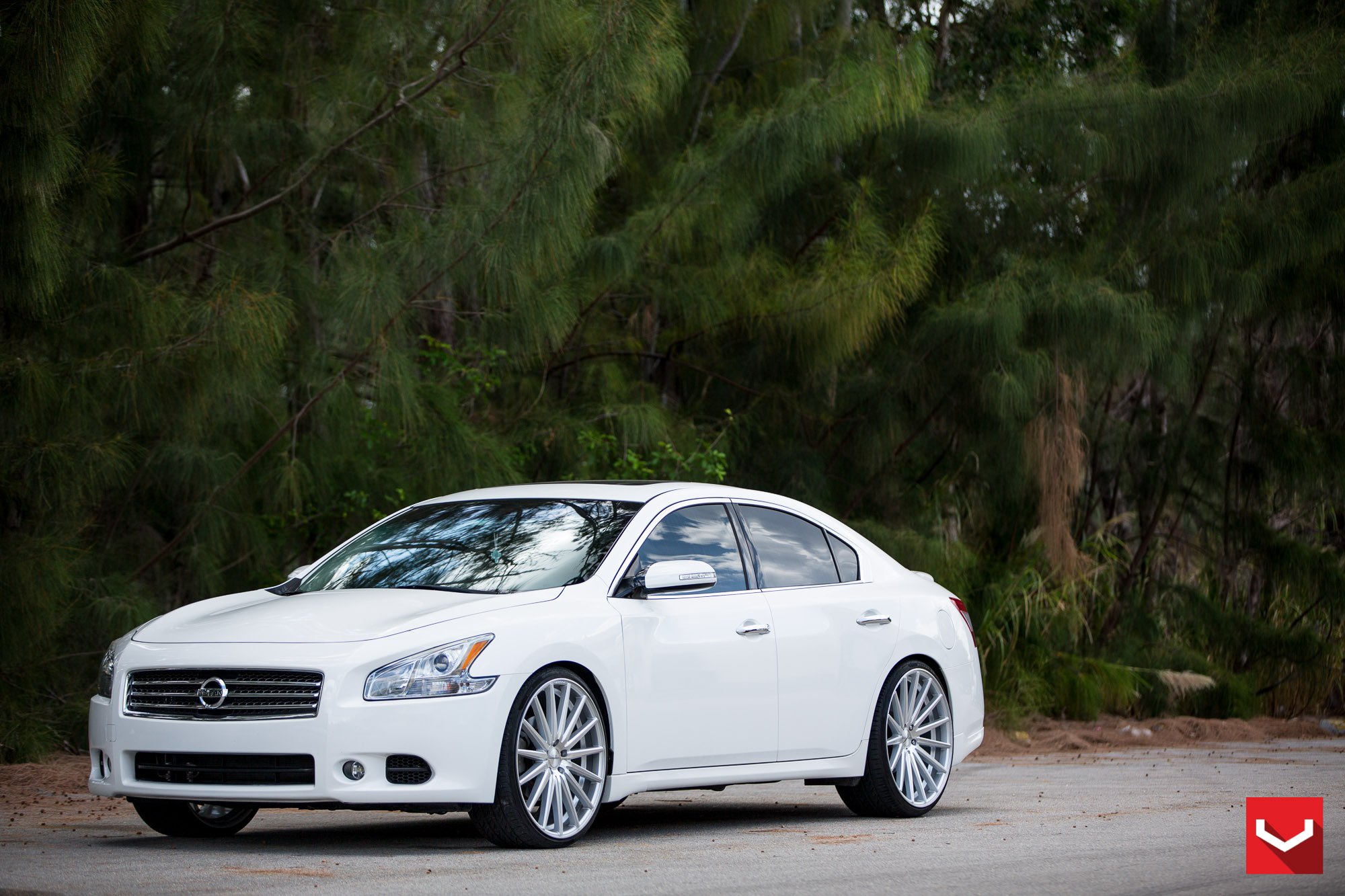 White Nissan Maxima with Aftermaket LED Headlights - Photo by Vossen
