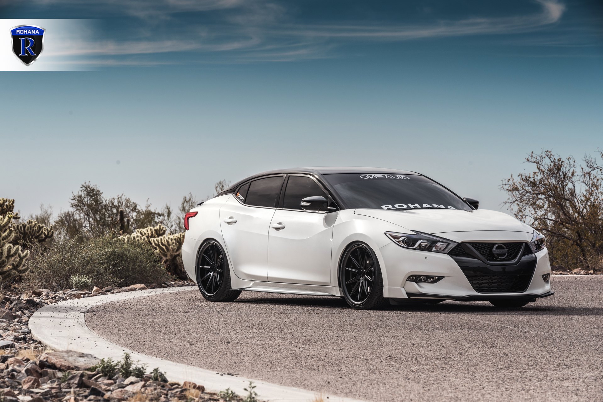 White Nissan Maxima with Blacked Out Mesh Grille - Photo by Rohana Wheels