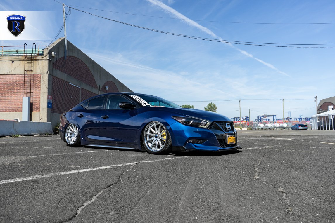 Blue Stanced Nissan Maxima with Custom Mesh Grille - Photo by Rohana Wheels
