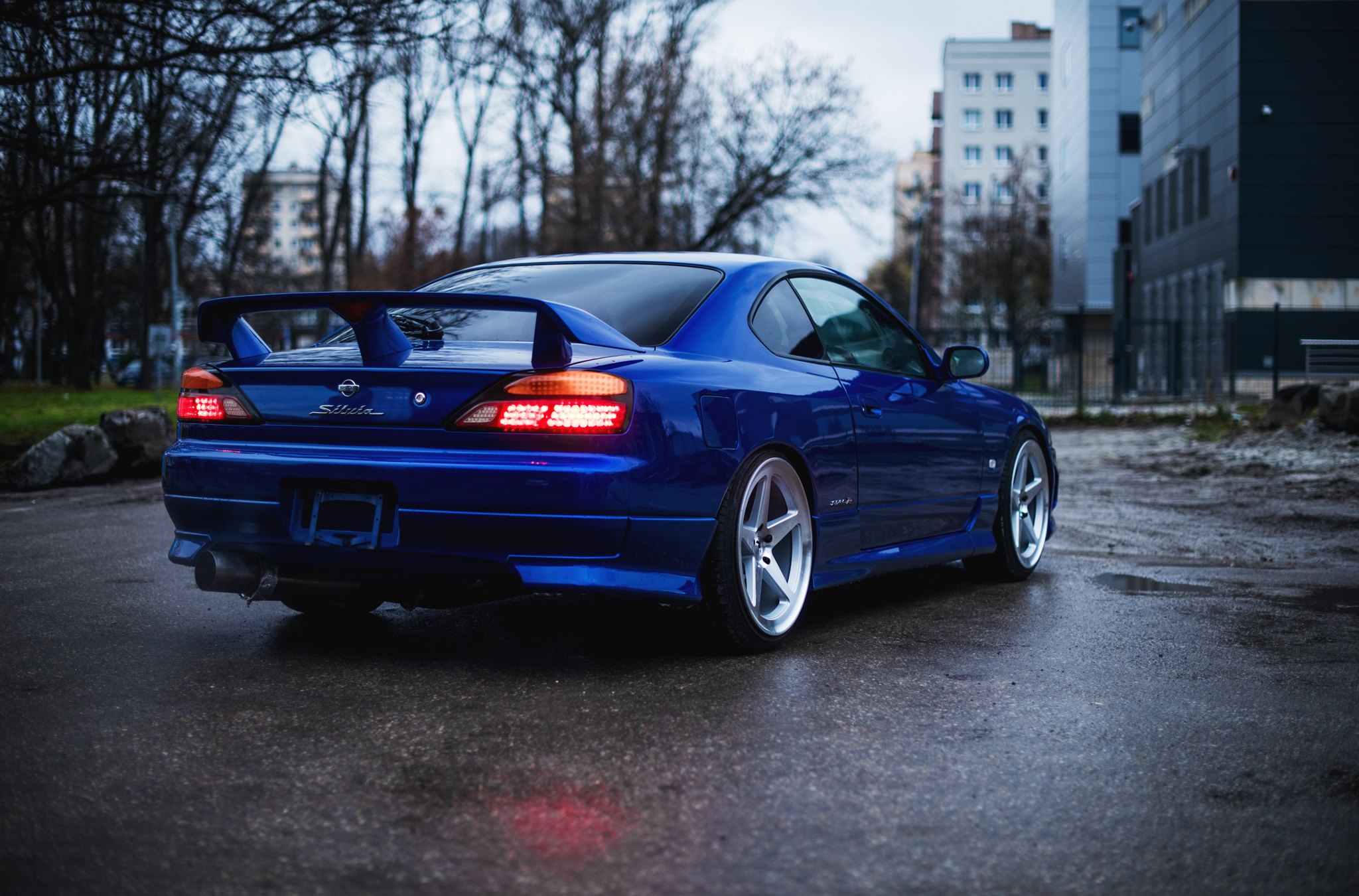 Blue Nissan Silvia with Large Wing Spoiler - Photo by JR Wheels