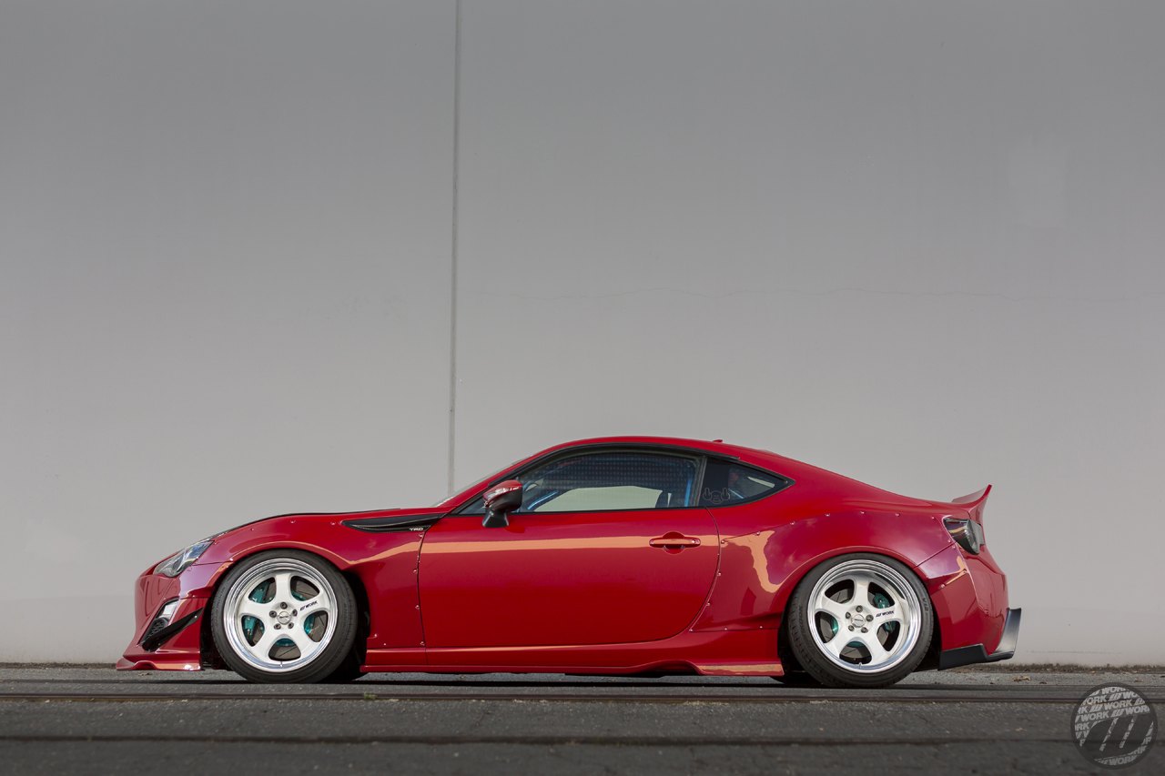 Aftermarket Side Skirts on Red Scion FRS - Photo by WORK Wheels Japan