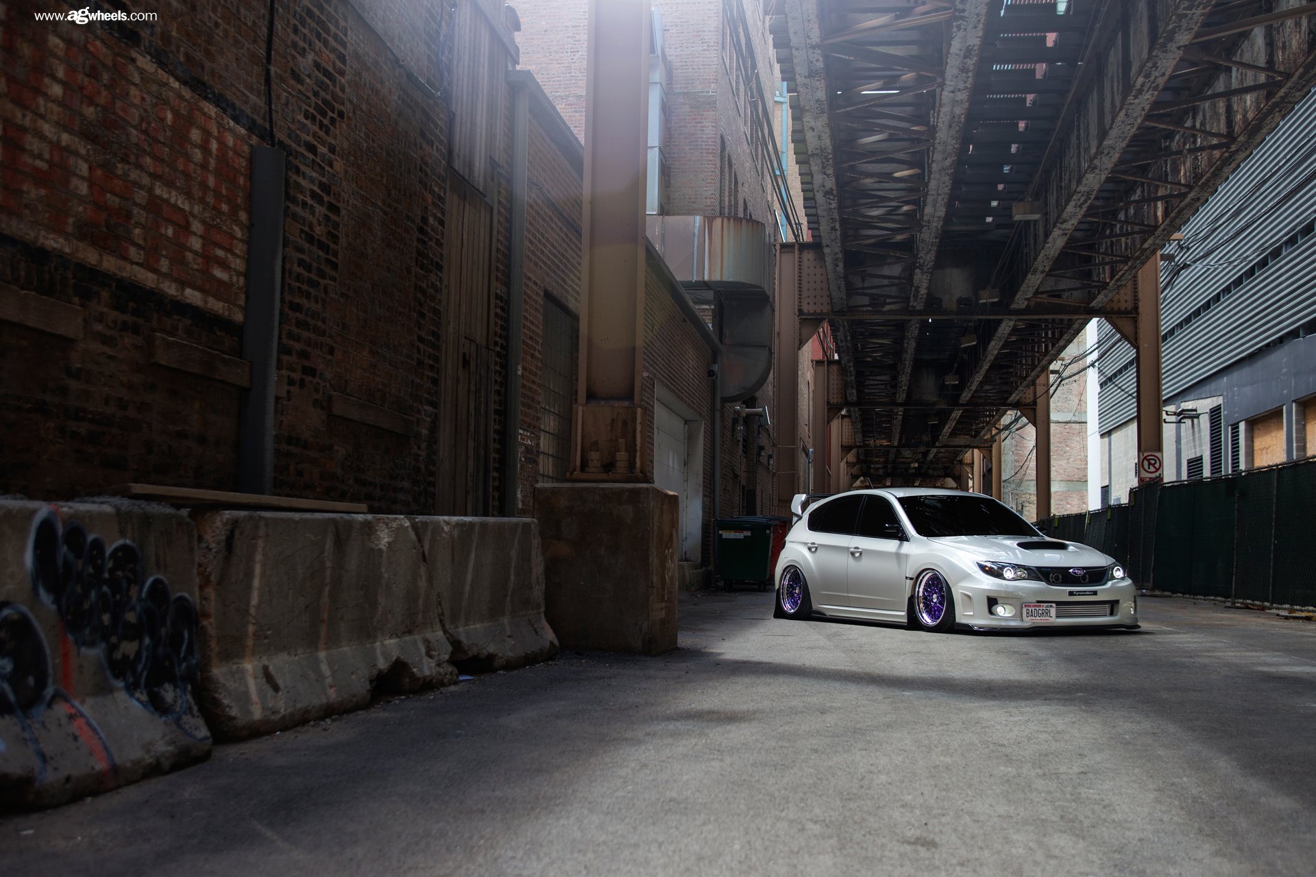 White Stanced Subaru WRX with Custom Front Bumper - Photo by Avant Garde Wheels