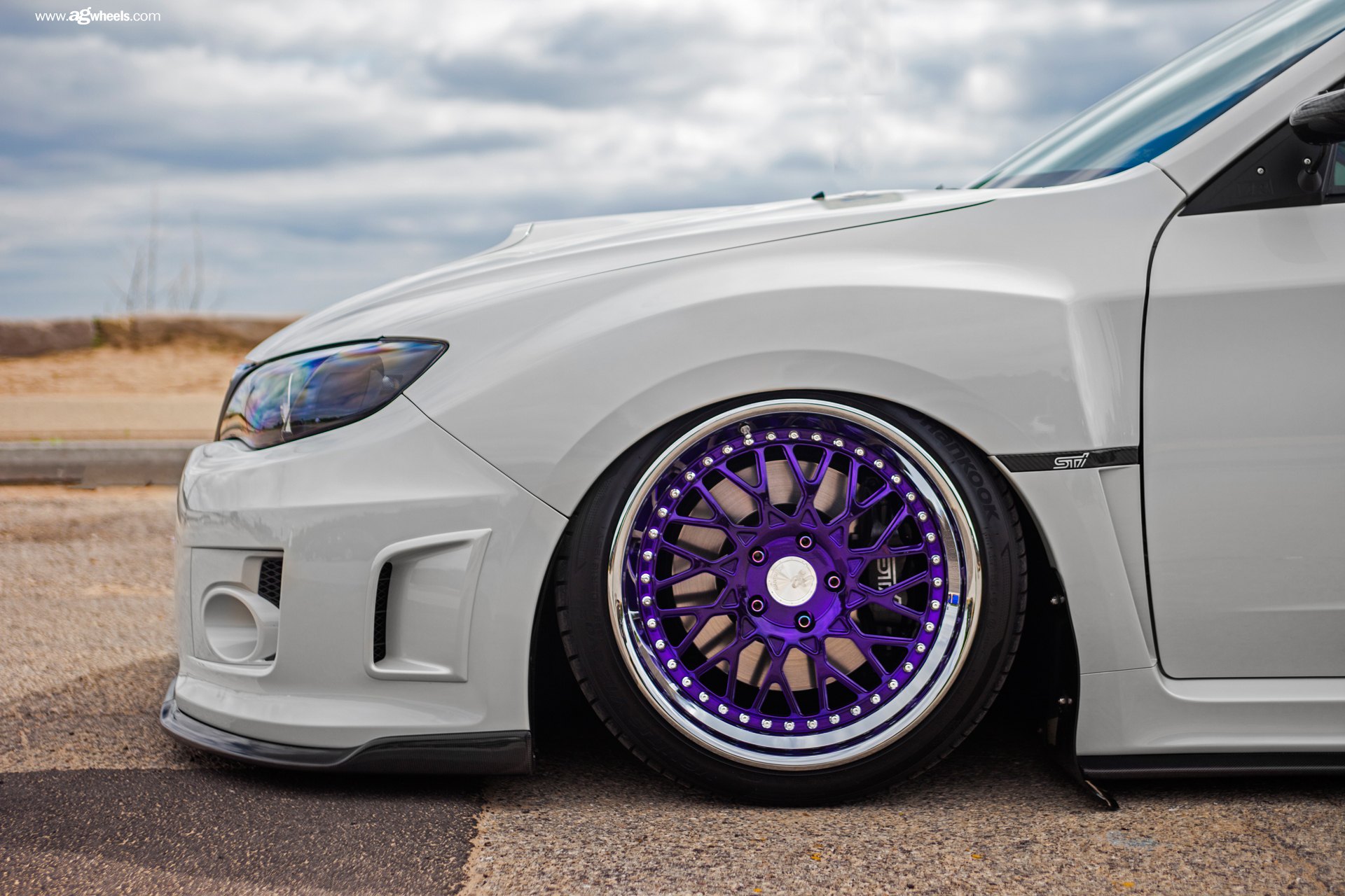 Purple Avant Garde Rims on White Subaru WRX - Photo by Avant Garde Wheels