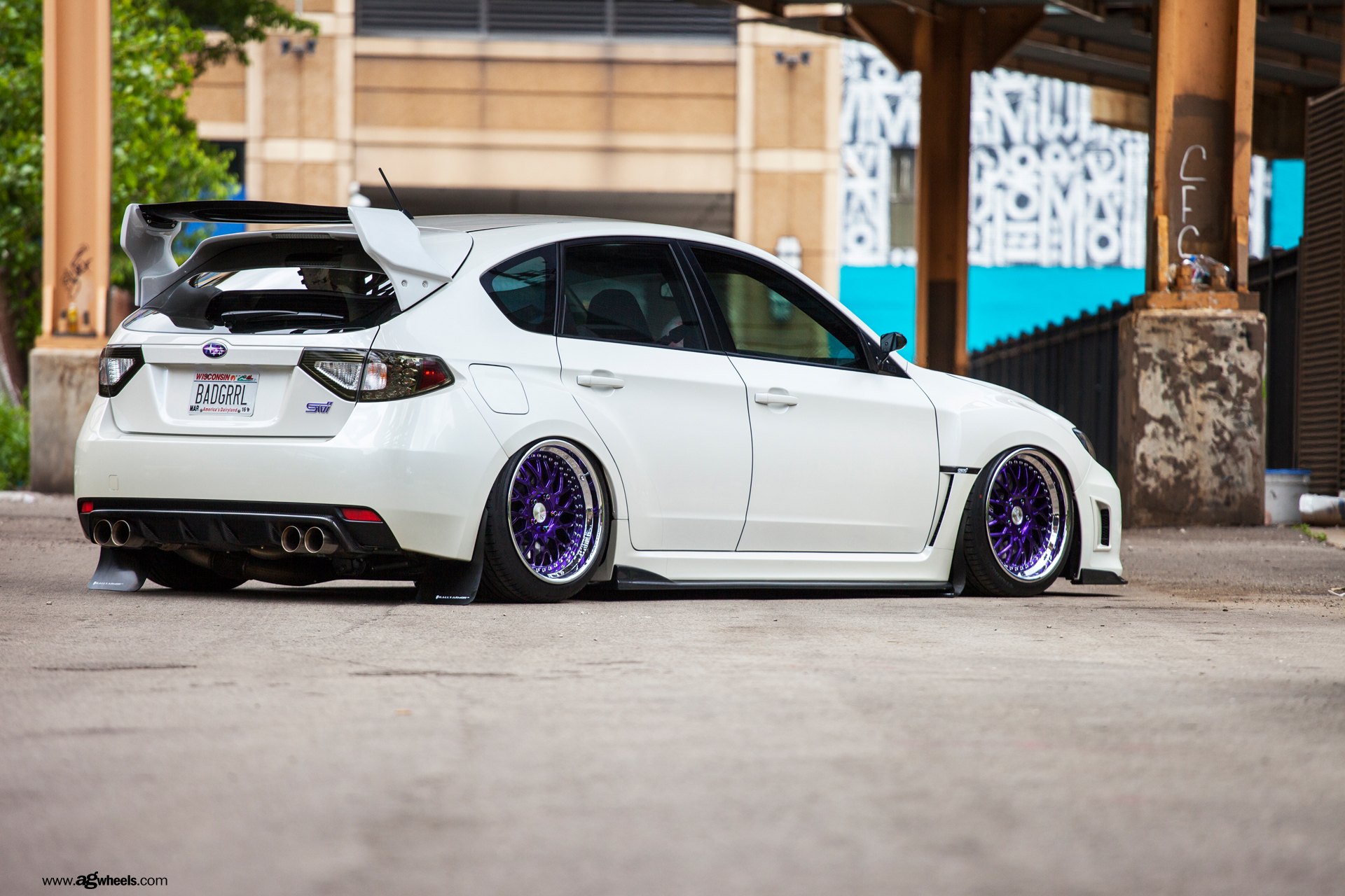 White Subaru WRX with Large Wing Spoiler - Photo by Avant Garde Wheels