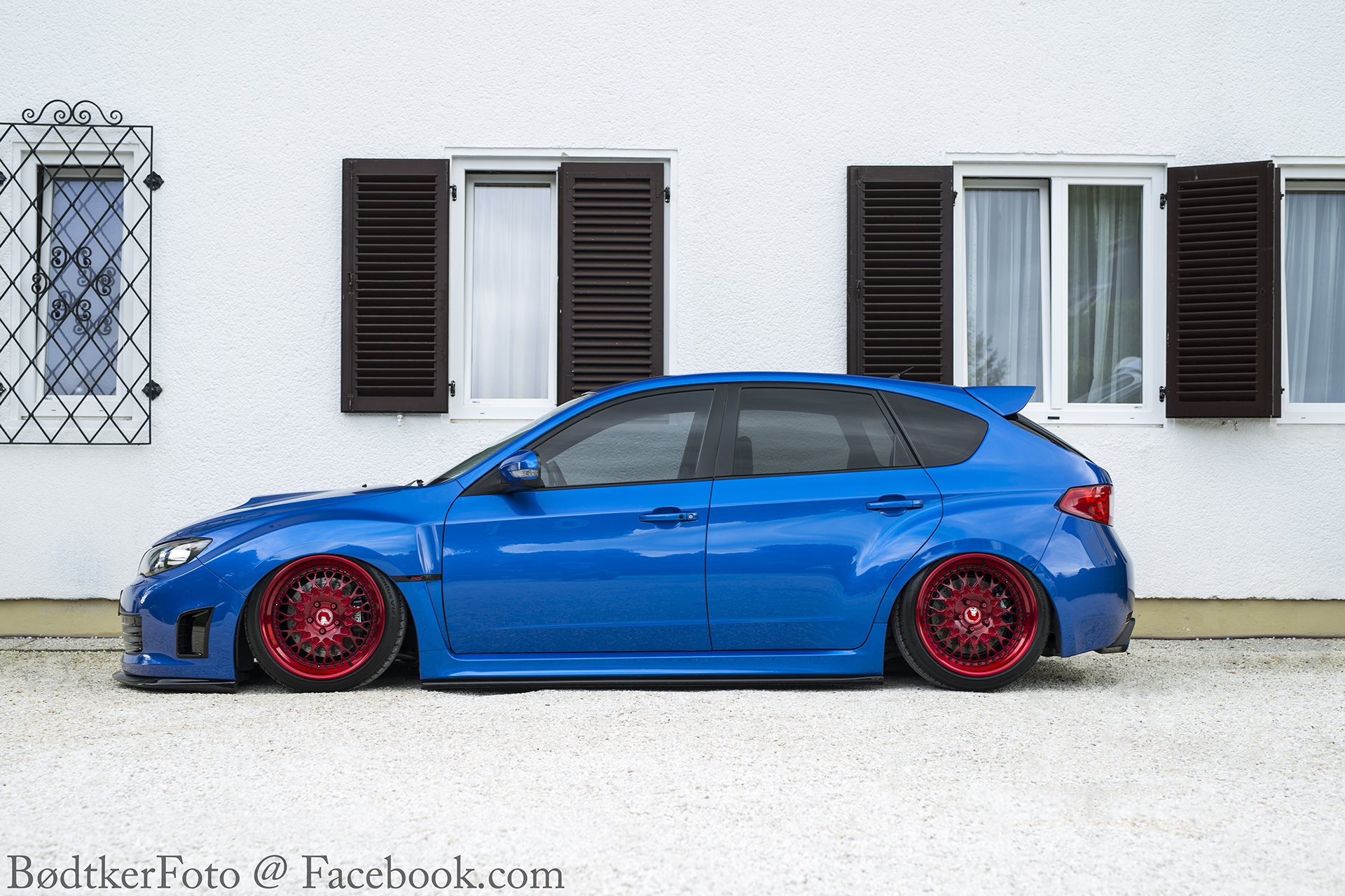 Red Avant Garde Wheels on Blue Stanced Subaru WRX - Photo by Avant Garde Wheels
