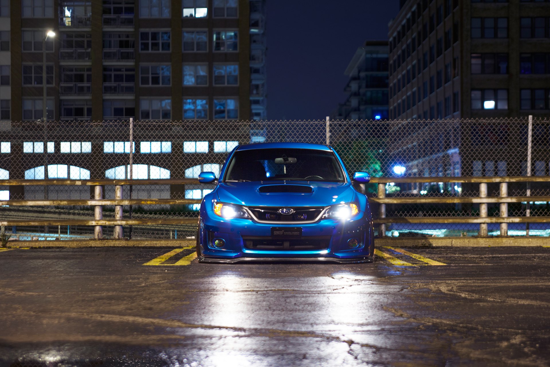 Carbon Fiber Front Lip on Blue Subaru WRX - Photo by Avant Garde Wheels