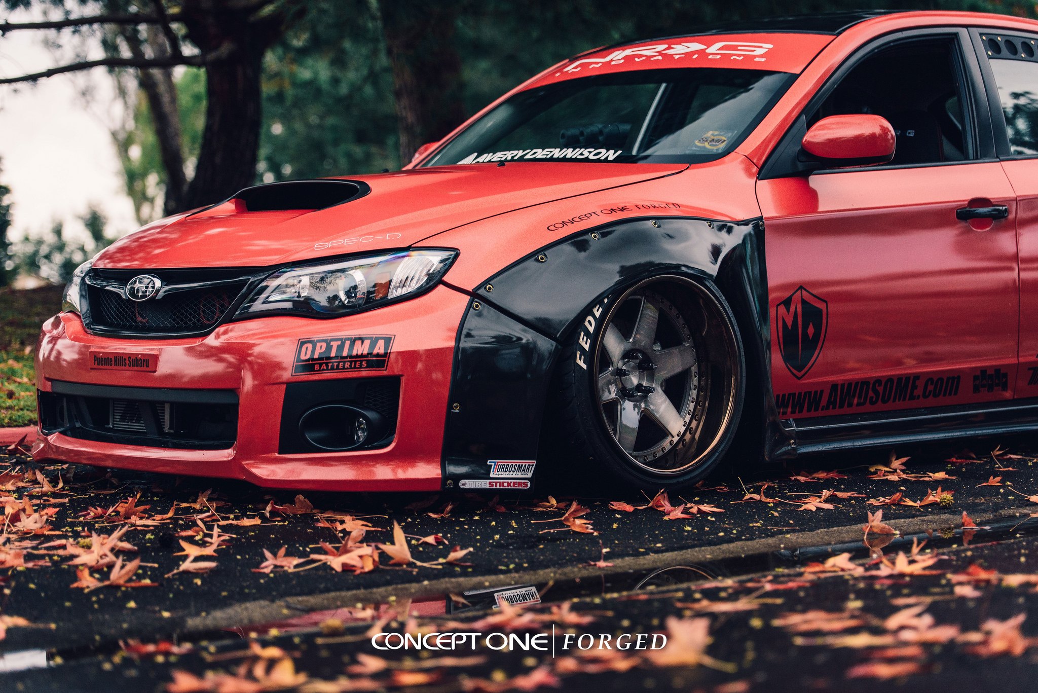 Custom Fender Flares on Red Subaru WRX - Photo by Concept One